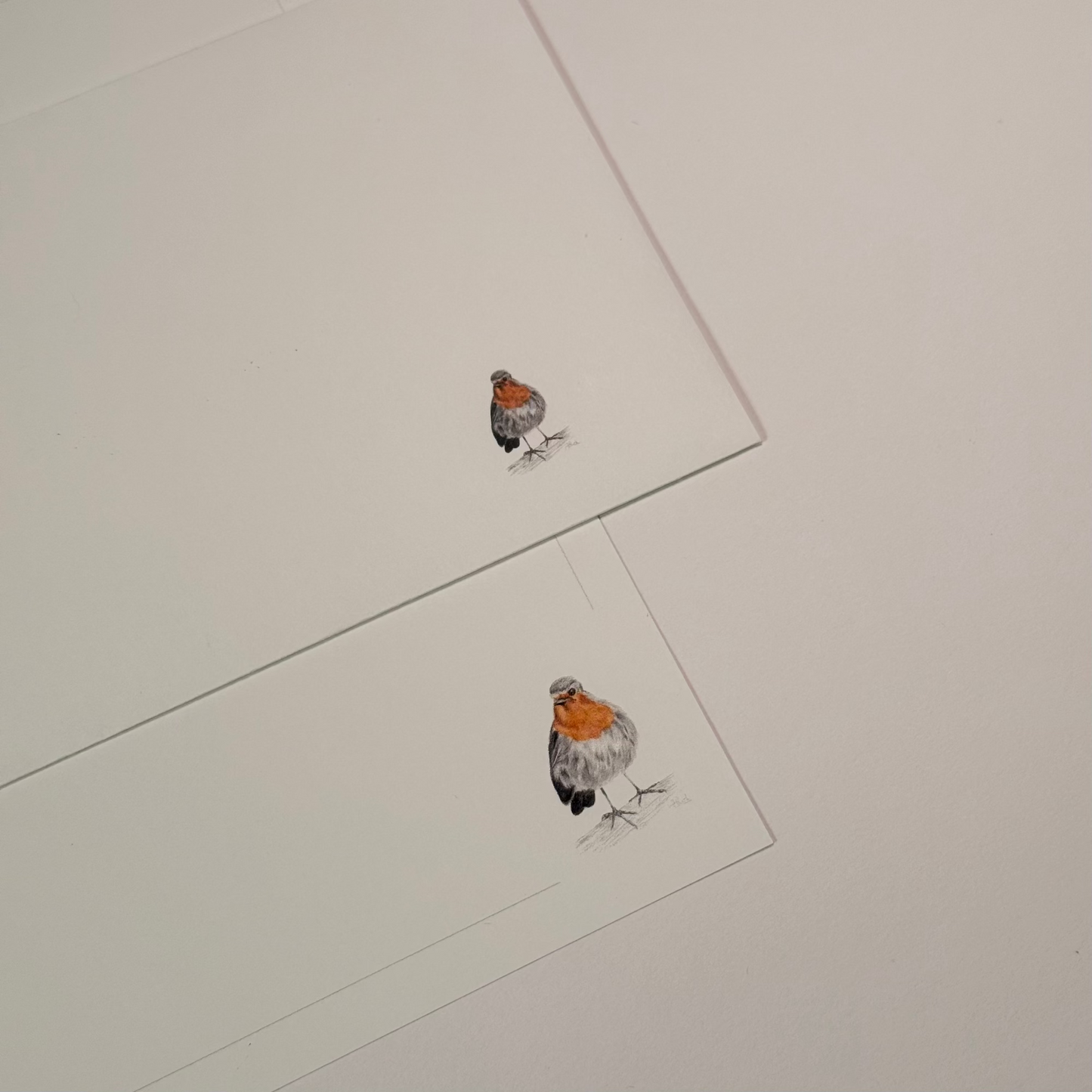 Envelope and writing paper featuring a small illustrated robin in the bottom left hand corner of each.