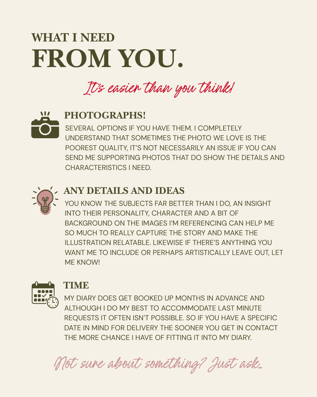 A text-based informational graphic on a warm beige background titled 'WHAT I NEED FROM YOU.' with the subtitle 'It's easier than you think!' and bullet points about photographs, details and ideas, and time, using dark olive text and pink script accents.