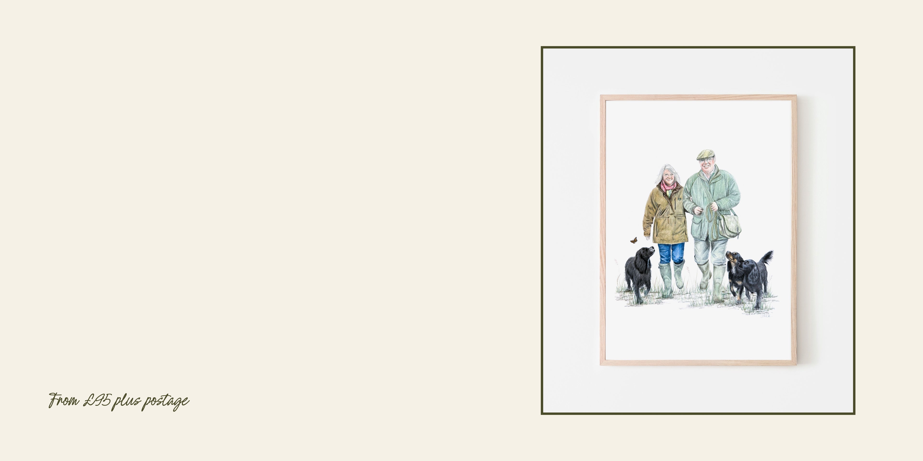A framed illustration of a couple and three black dogs walking outdoors, displayed on a light beige background 