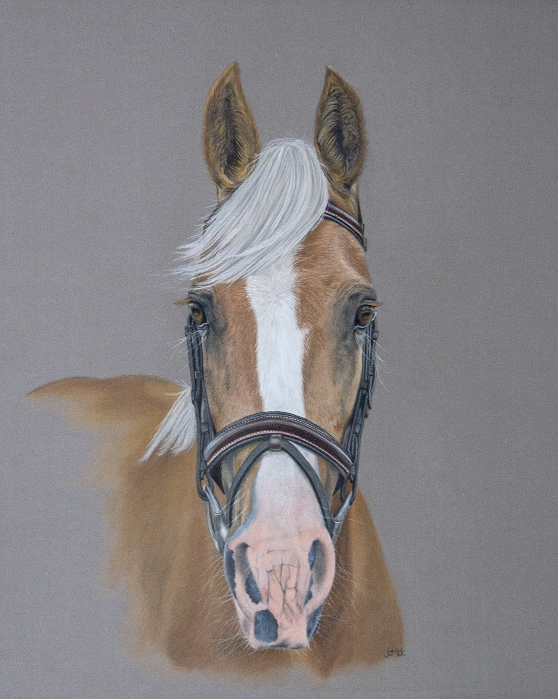 A pastel painting of a palomino horse with a white blaze and white mane, wearing a dark bridle, set against a solid gray background. 